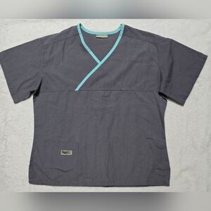 Urbane Scrub Top Size S Small Gray Blue Trim Short Sleeve Shirt With Pockets